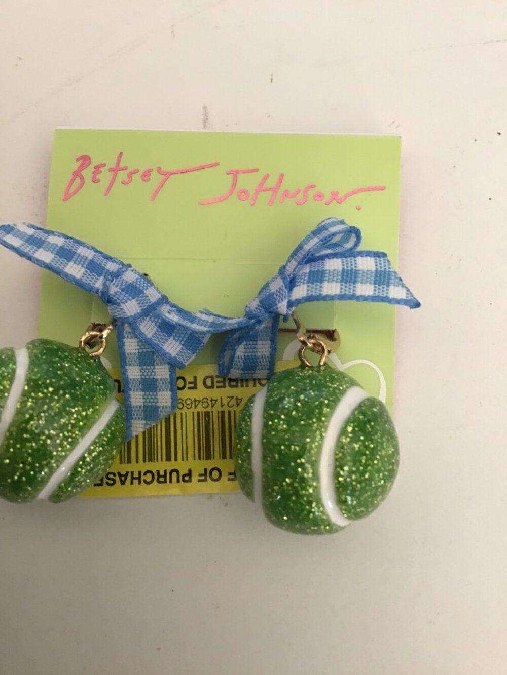 Betsey Johnson New Green Tennis Ball with Royal Blue Check Bow Earrings